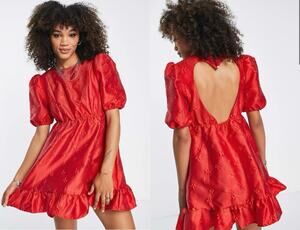 Sister Jane Poppy Jacquard Mini Dress Small Red Heart Cut-Out Puff-Sleeve Party